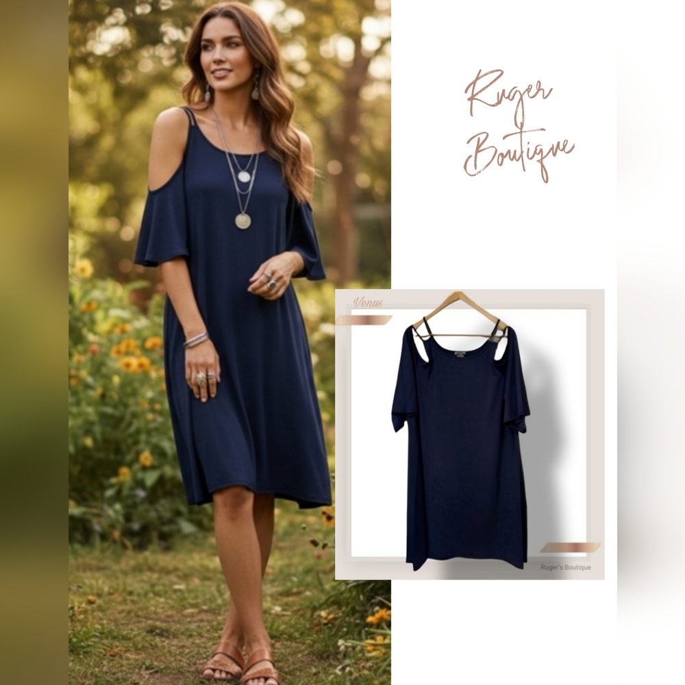 🌿Venus Women's Navy Blue XL Drop Shoulder Cold Shoulder Strappy Dress